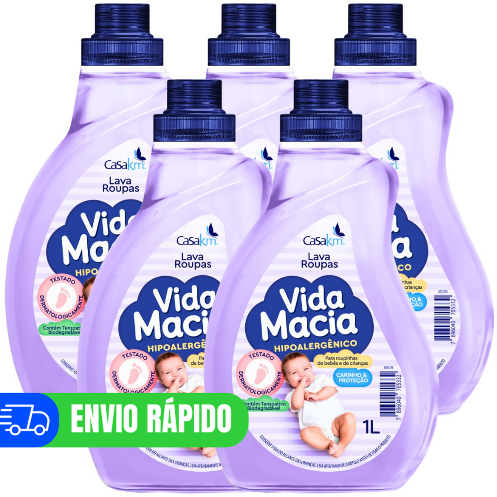 5 Lava Roupas Líquido Vida Macia 1L Uso Diário Roupas Bebê