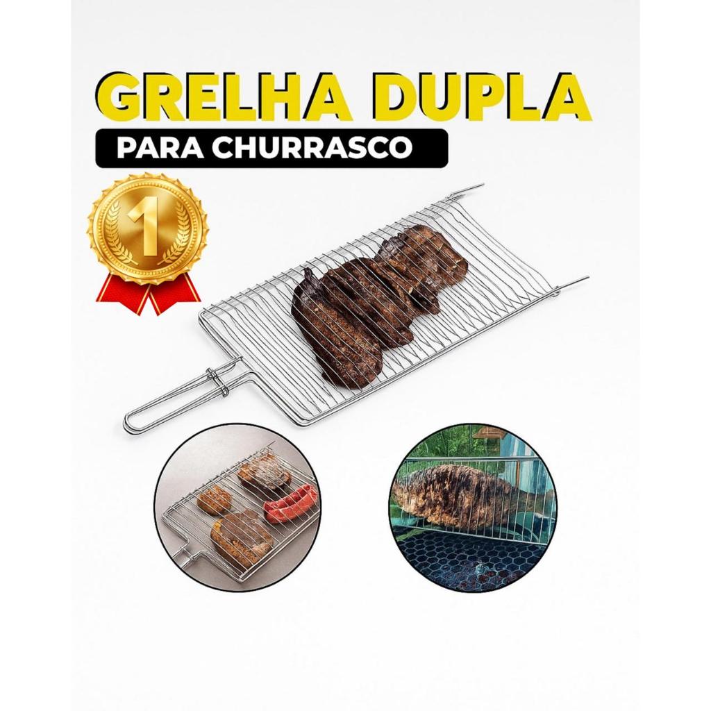 Grelha Dupla Grande Abaulada  Premium 70 x 20 Assar Peixe Frango Linguiça churrasco Aço Abre e Fecha