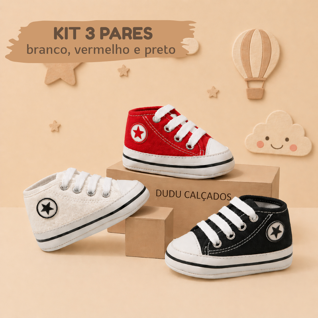 Kit com 3 Sapatinhos de Bebê Cano Alto – Macios e Confortáveis.
