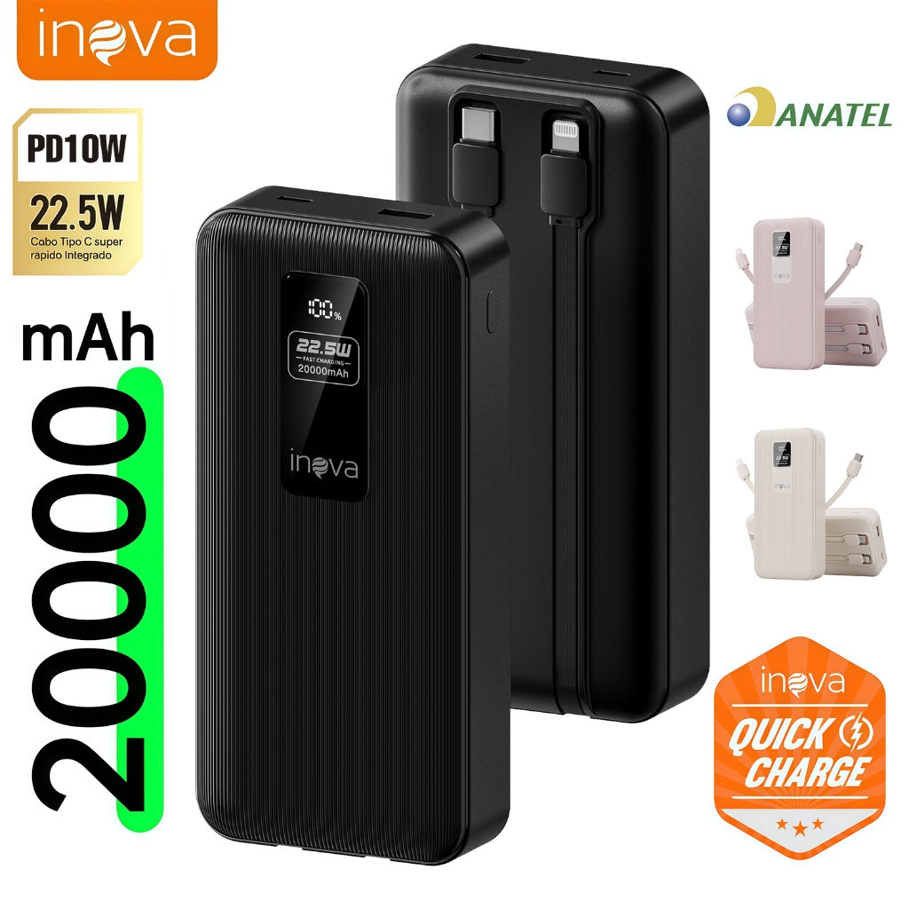 INOVA Carregador Portátil 10000/20000mAh com LED Digital e Carga Rápida 22.5W Universal