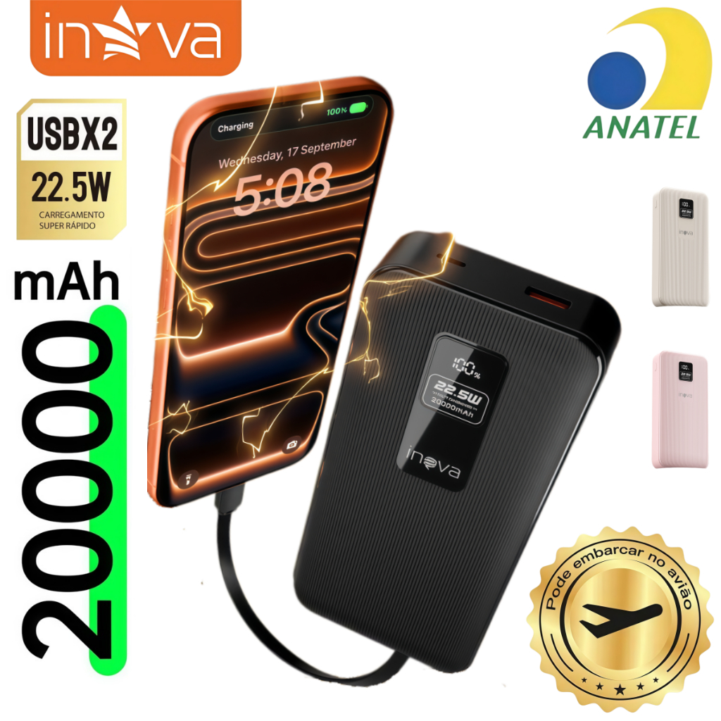 INOVA Power Bank Universal 10000/20000mAh Display LED Carga Rápida 22.5W Portátil Compatível iPhone Android