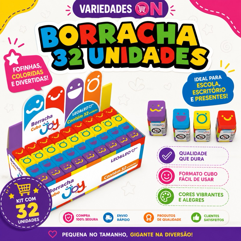 Borrachas Cubo Decorada Joy Caixa C/32 Und Leo&Leo