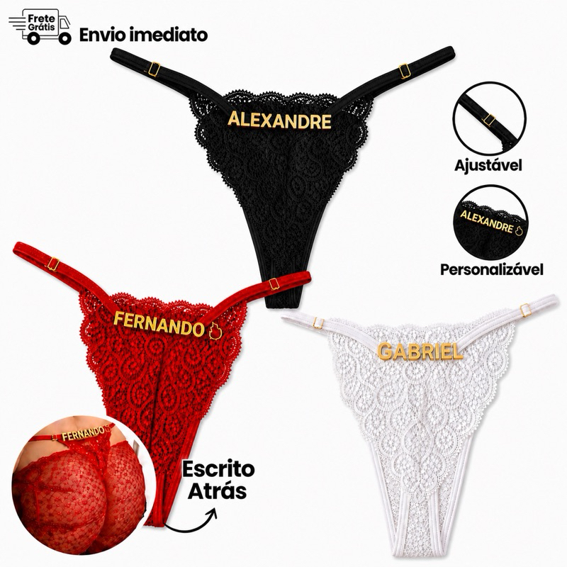 Calcinha Renda Personalizada Com Nome Frases Namorado Sexshop Tanga Sensual Regulavel Casal