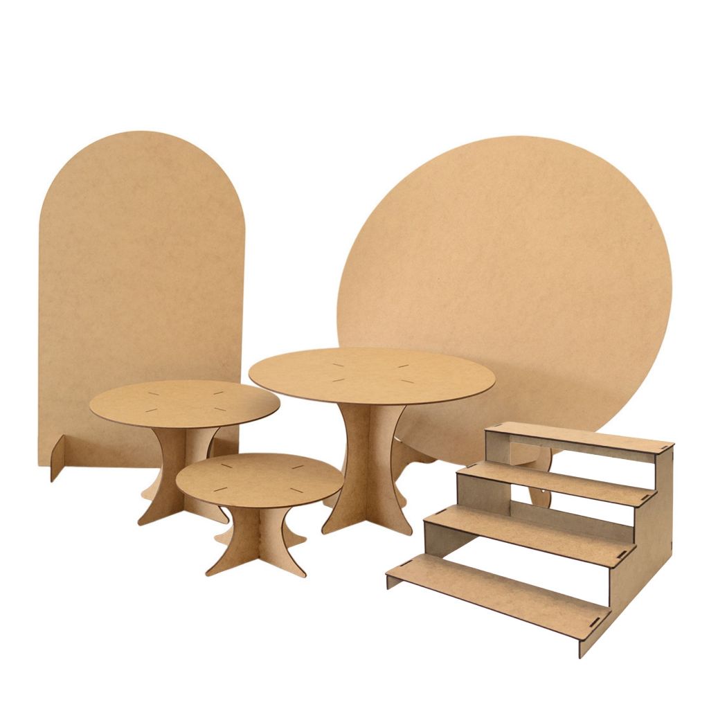 Kit Decoração de Festa Trio Boleira Painel Redondo e Painel Romano Escada Mdf