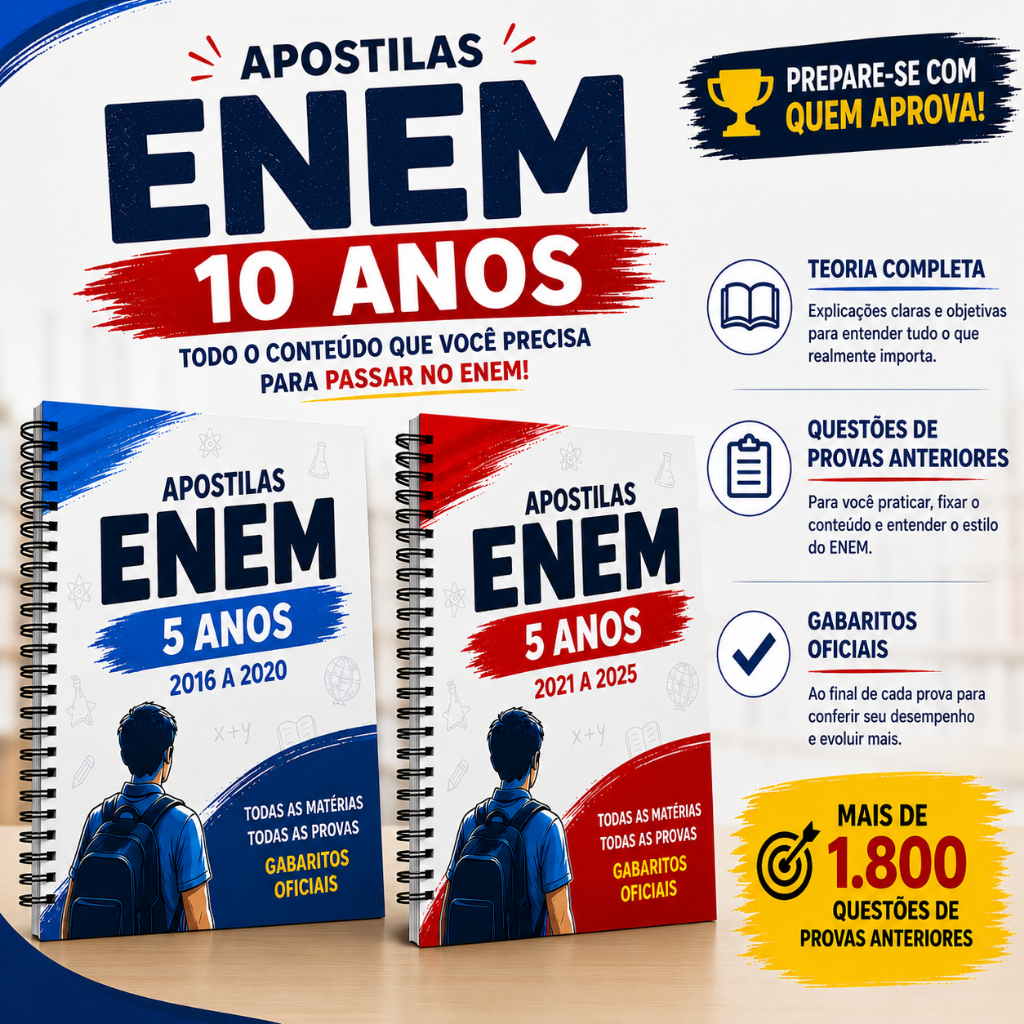 Apostilas ENEM Kit Completo 2026 com 10 Anos de Provas Anteriores (de 2016 a 2025) opção 3 e 5 anos
