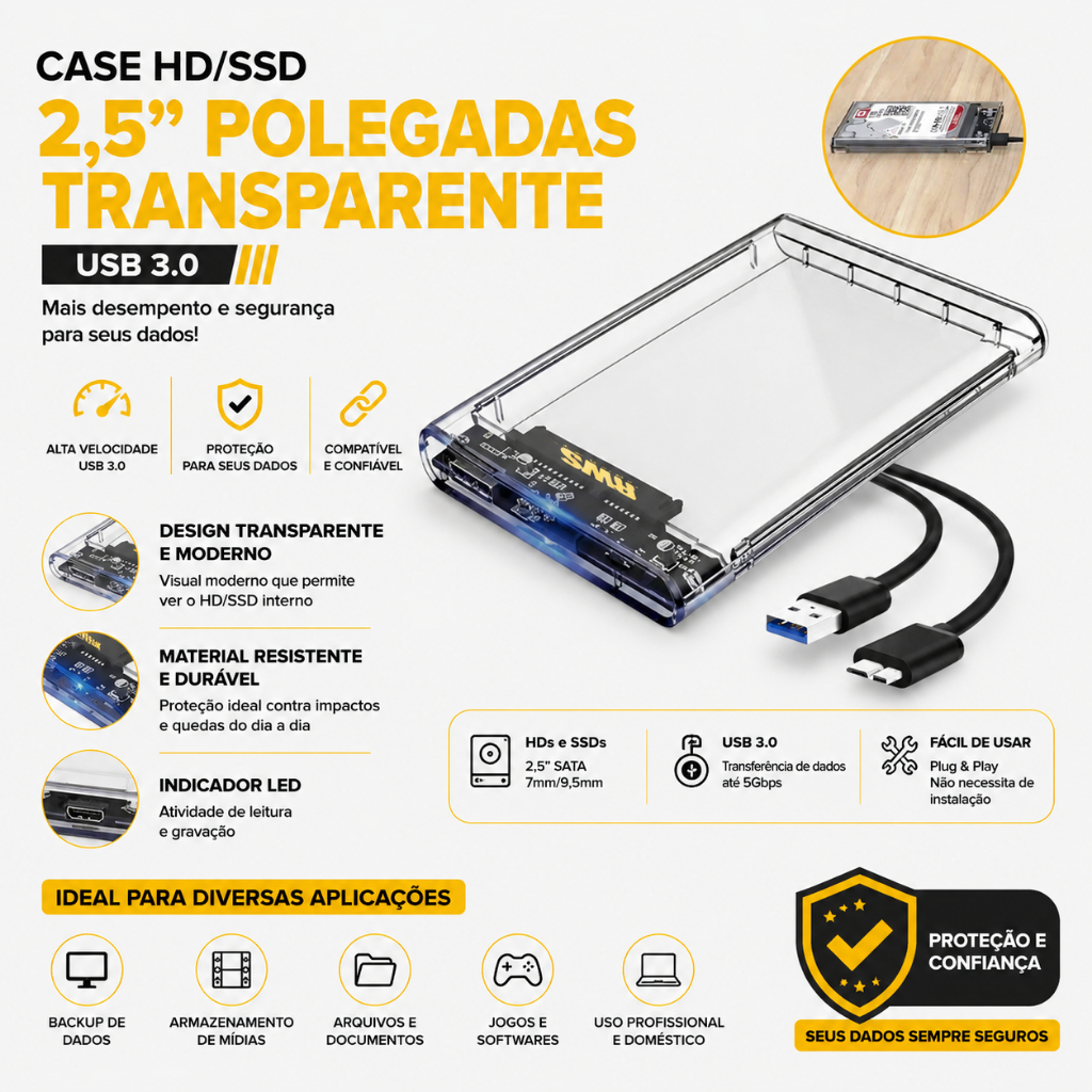 Case Slim para HD Externo 2.5” SATA USB 3.0 – Alta Velocidade e Portabilidade SSD Notebook PS4 XBOX