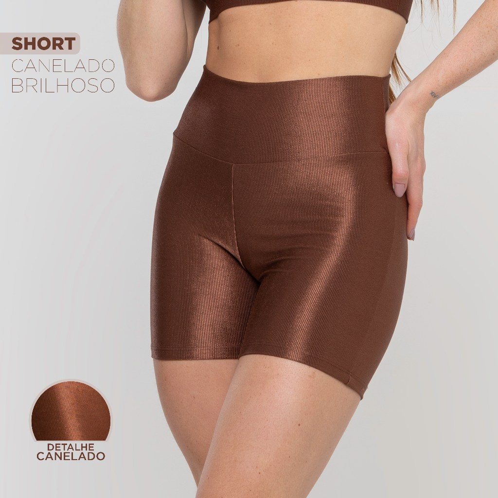 Short Fitness Feminino – Cós Alto Canelado Brilhoso Cós Alto Confortável Academia