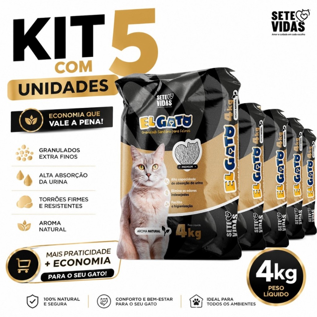 Kit Fardo 5un. Areia Sanitária Higiênica El Gato Premium Extra fina Anti Odor Sete Vidas 20 kg Total