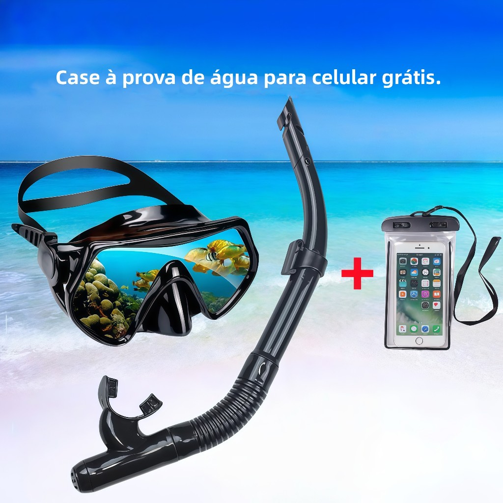 Kit Máscara Mergulho Snorkel Óculos Respirador Profissional Adulto Praia Piscina Ajustável Silicone+Celular case