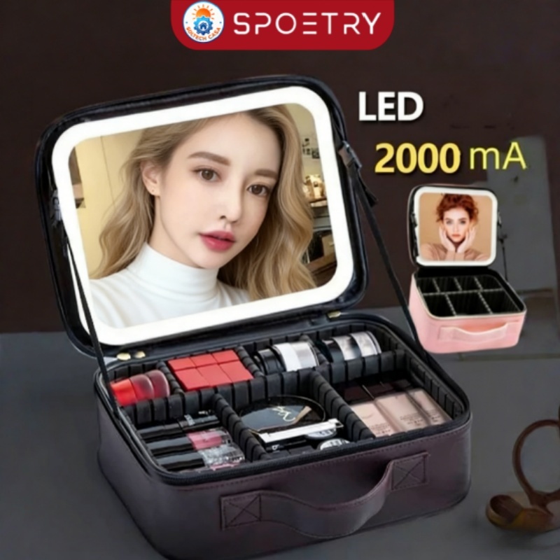 Bolsa De Maquiagem Com Espelho Led De 3 Cores Necessaire Organizadora Para Viagem