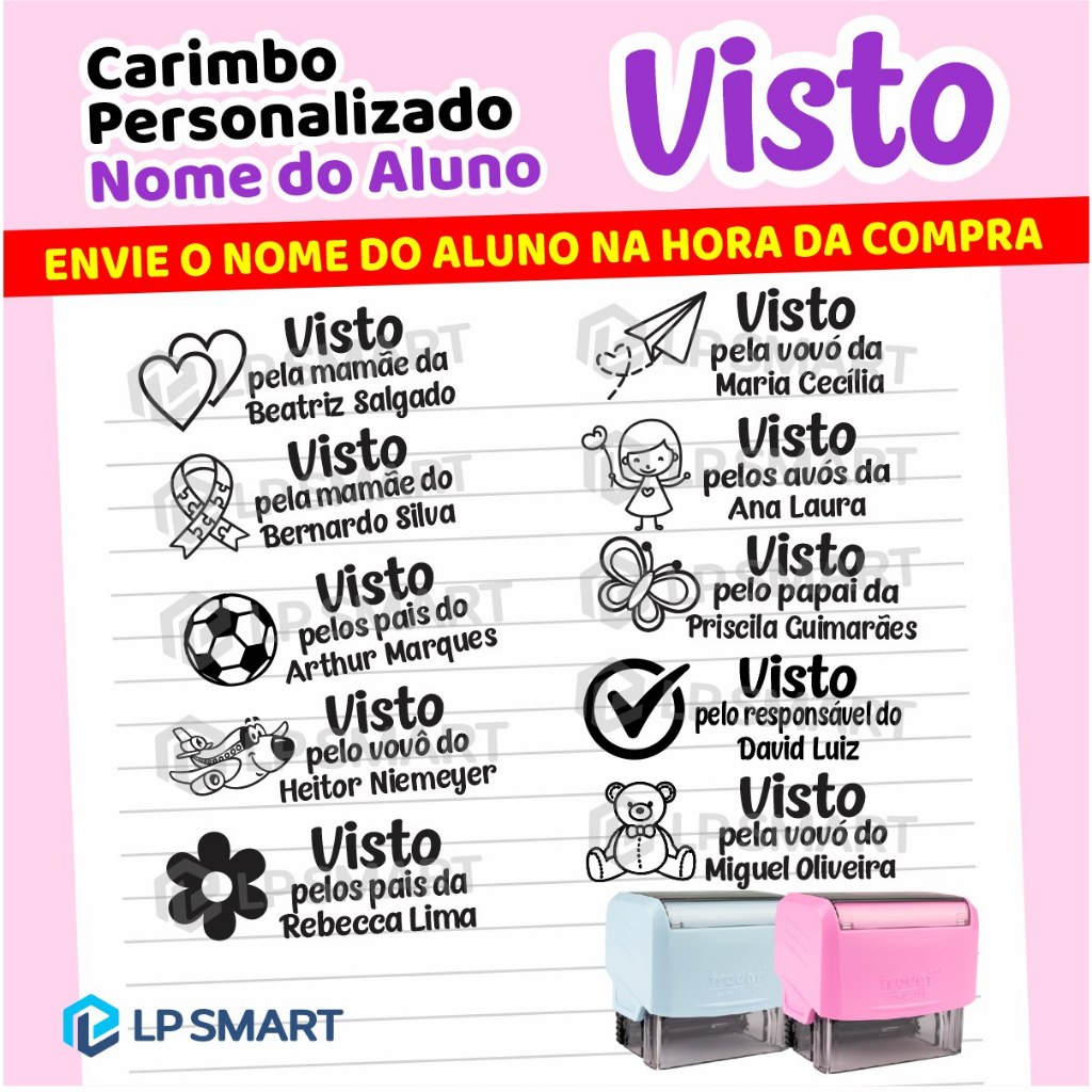 Carimbo Personalizado Automático Visto pela mamãe pais responsável para material escolar caderno trodat azul rosa