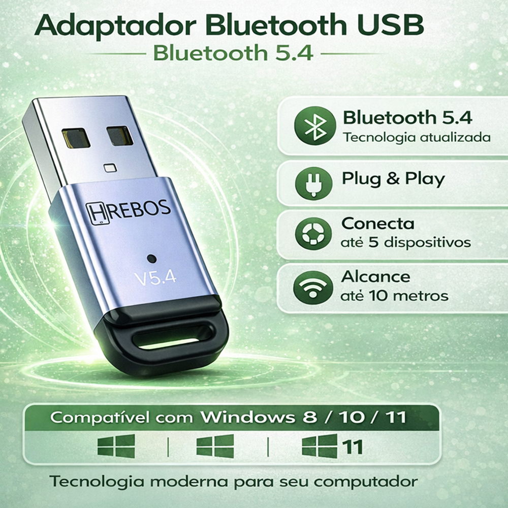 Adaptador Bluetooth USB 5.4 Conexão Rápida Plug & Play Até 10m | PC e Notebook | Até 5 Dispositivos