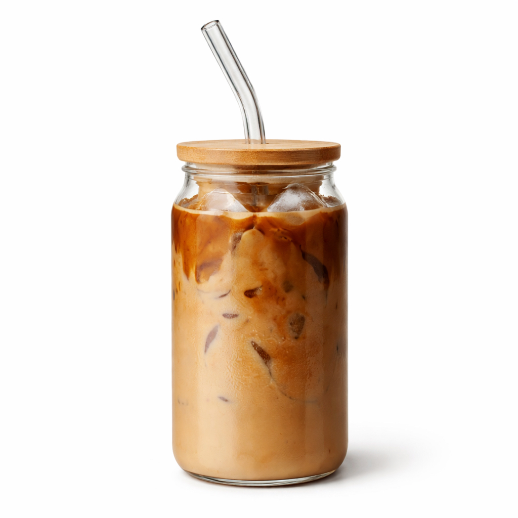 Copo de Vidro 475ml com Tampa de Bambu e Canudo | Vedação Hermética Ecológico Reutilizável