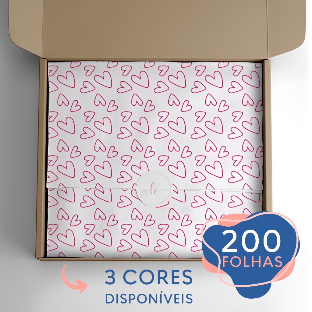 200 Folhas Papel De Seda Premium 30x70cm Estampado Coração em 3 Cores Disponíveis (Preto, Rosa ou Vermelho)