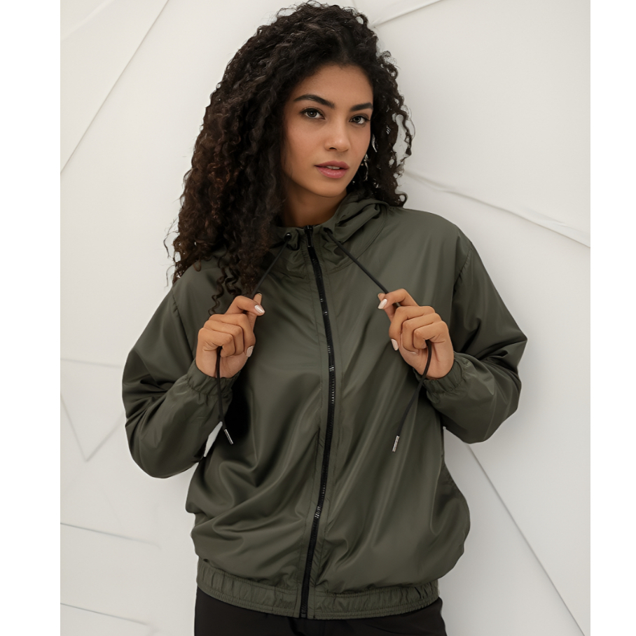 Jaqueta Corta Vento Feminina Lisa Para Corrida Com Capuz E Bolso Resistente Casual Seca Rápido