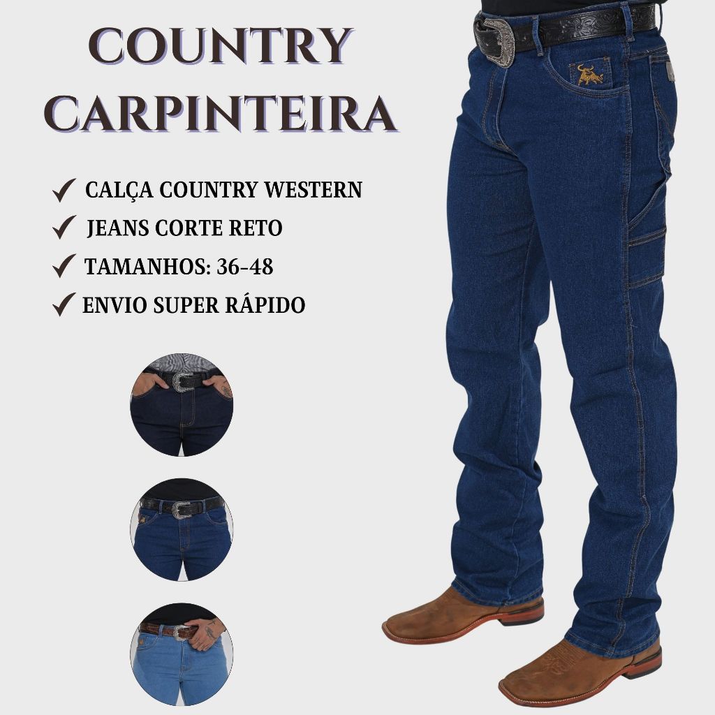 Calça Jeans Masculina Carpinteira Country Tecido Grosso Cavalgada Rodeio Premium Westerm Montaria Cowboy Muladeira