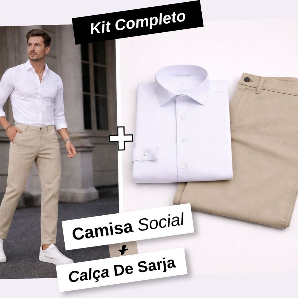 Camisa Lisa Social Masculina Slim Mais Calça De Sarja Esporte Fino Costura Reforçada Tam 38 Ao 48