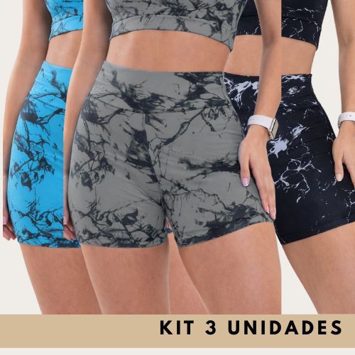 Kit 3 shorts Academia fitness Tie Dye Cintura Alta Zero Transparencia Marmorizado Feminino