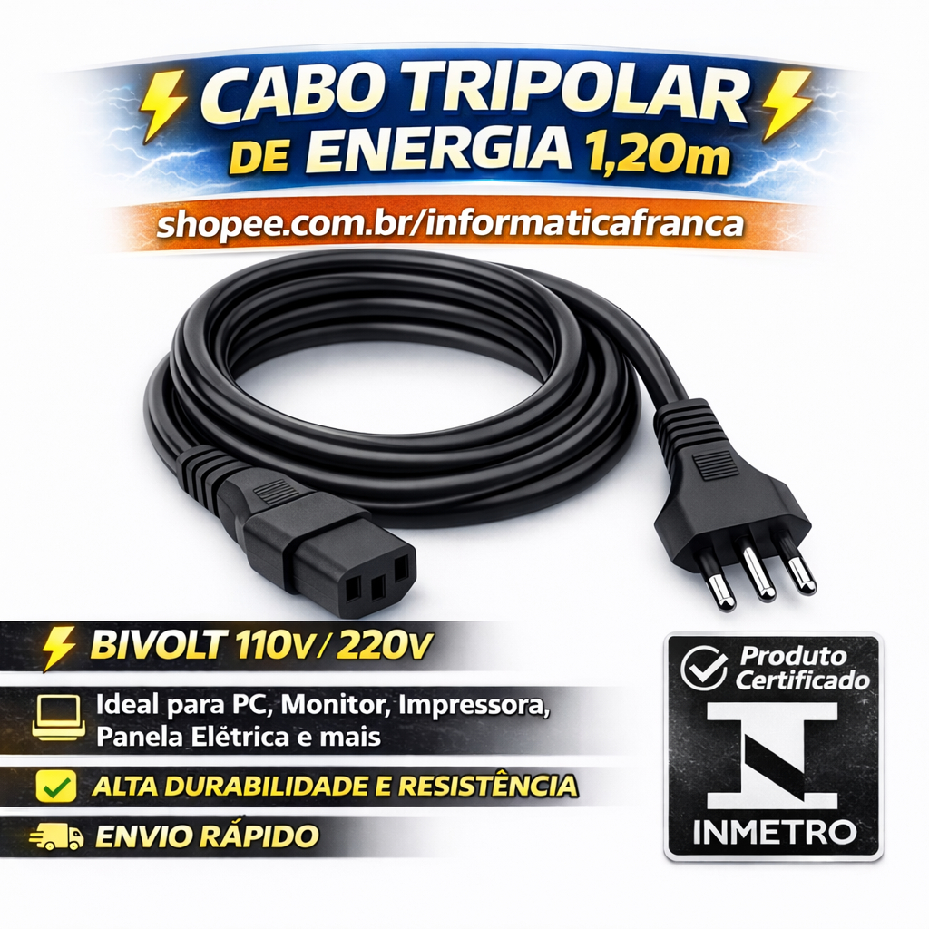 Cabo De Força tripolar 1.20M, Serve em cpu, monitor, panela eletrica, balança e fonte de video game