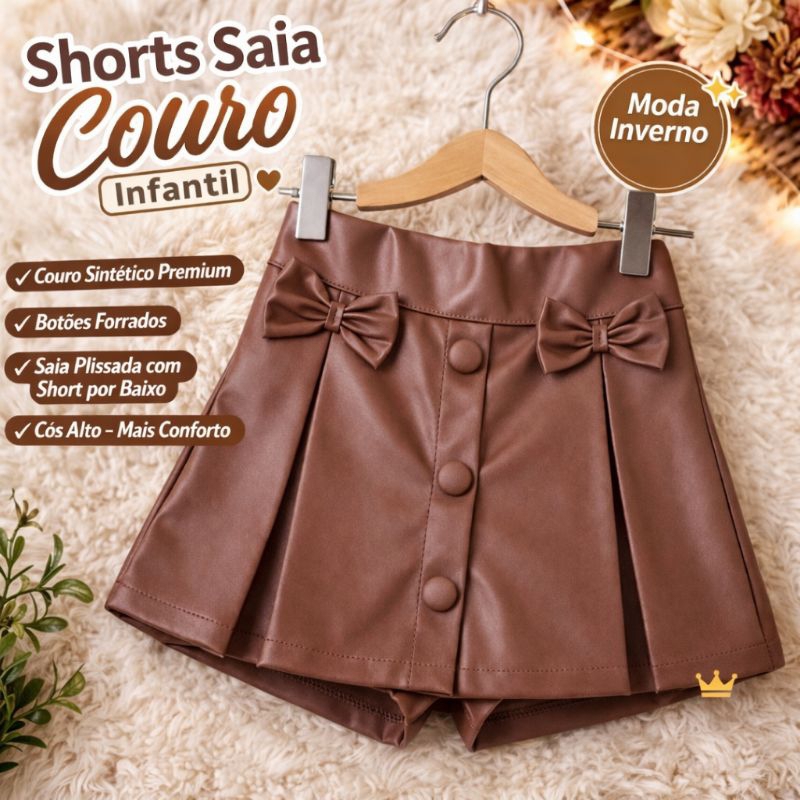 Shorts Saia Couro Infantil Menina Com Laço Botão Forrado Moda Blogueirinha 2 ao 10