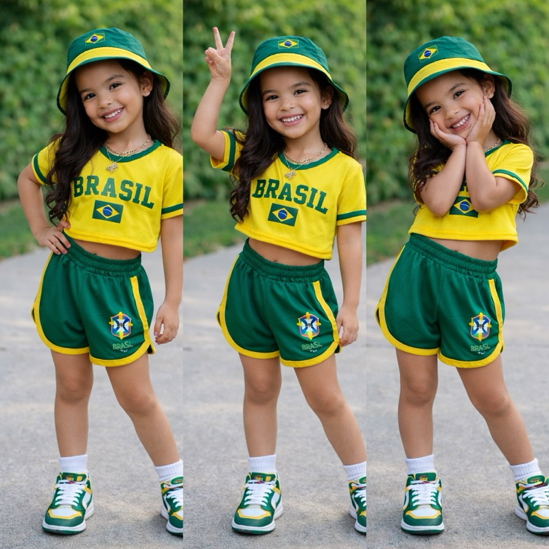 Conjunto Infantil Menina Verão Croped E Short Estiloso Seleção Verde E Amarelo