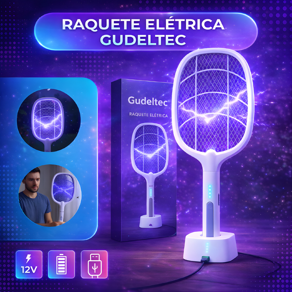 Raquete Elétrica Recarregável Bateria Armadilha Uv Mata Pragas Mosquitos Pernilongo Com Base Usb Led