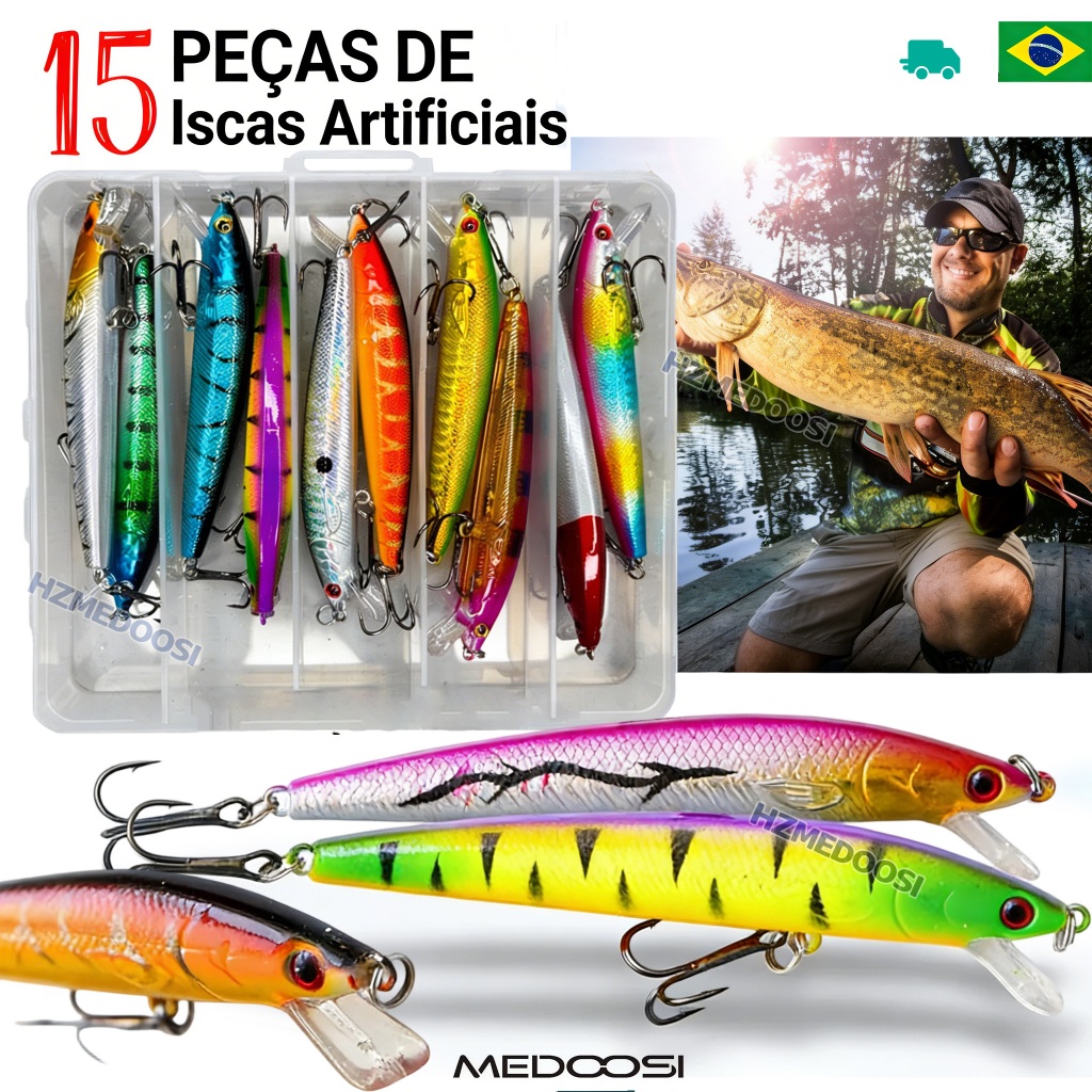 Kit 15 Iscas Artificiais Importadas 1/2 Meia Água de 9 cms e 8,5 gramas Pesca Truta Peixe Realista Anzol Duplo