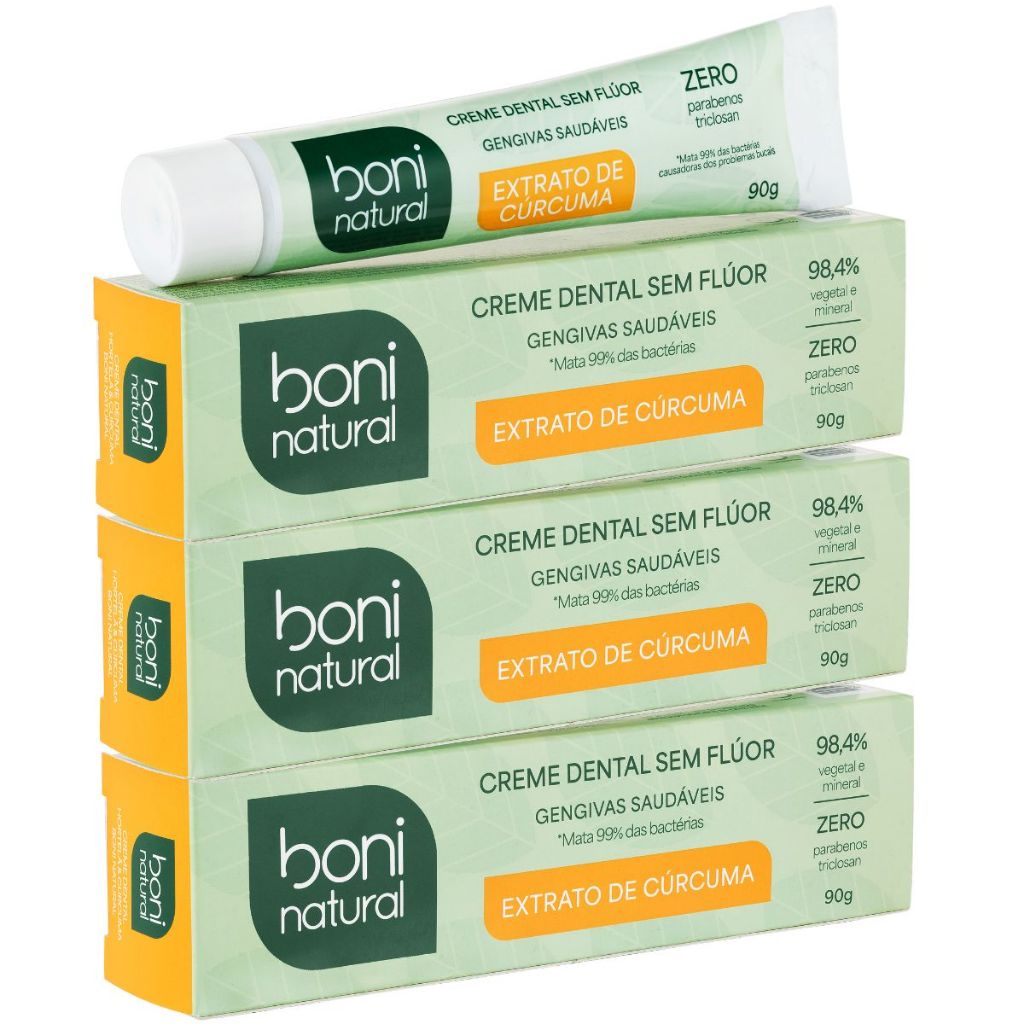 Kit 3 Creme Dental Natural Hortelã e Cúrcuma Sem Flúor 90g - Boni Natural