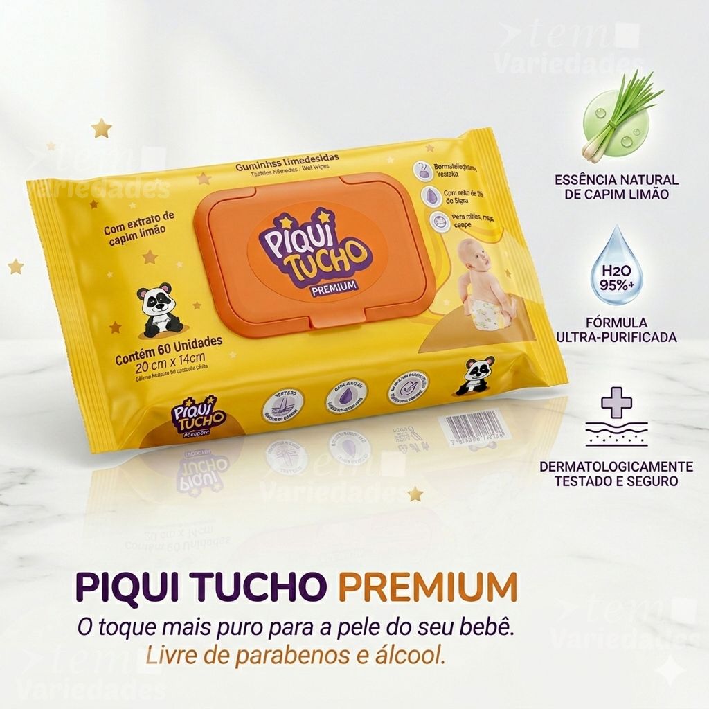 Toalhas Umedecidas PIQUI TUCHO PREMIUM -  Com Tampa - 95% Água - Promoção - Comprei Organizei! -
