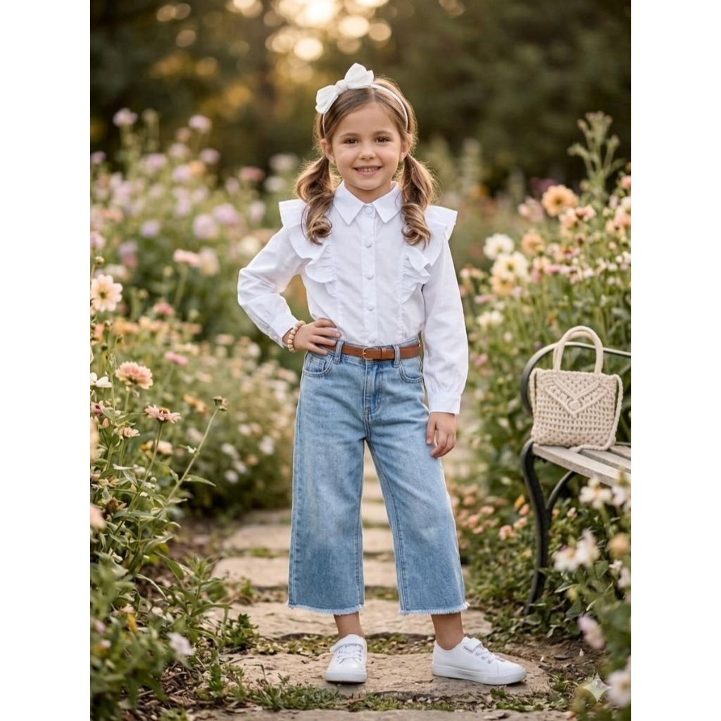 Camisa tricoline babadinho infantil moda feminina roupa estilosa blusa de botão social