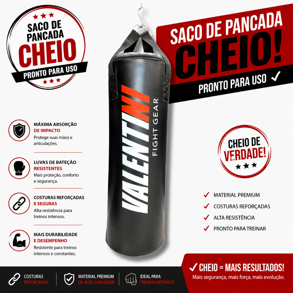 Saco de Pancada VALENTINI 90 cm CHEIO- Treino Boxe Muay Thai  - Alta Resistência