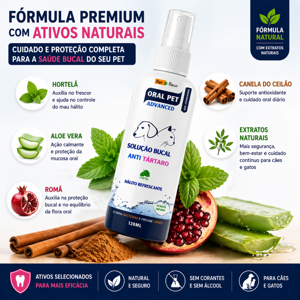 Spray Mau Hálito e Anti Tártaro Higiene Dental  Bucal Cas e Gatos Petfleur 120ml