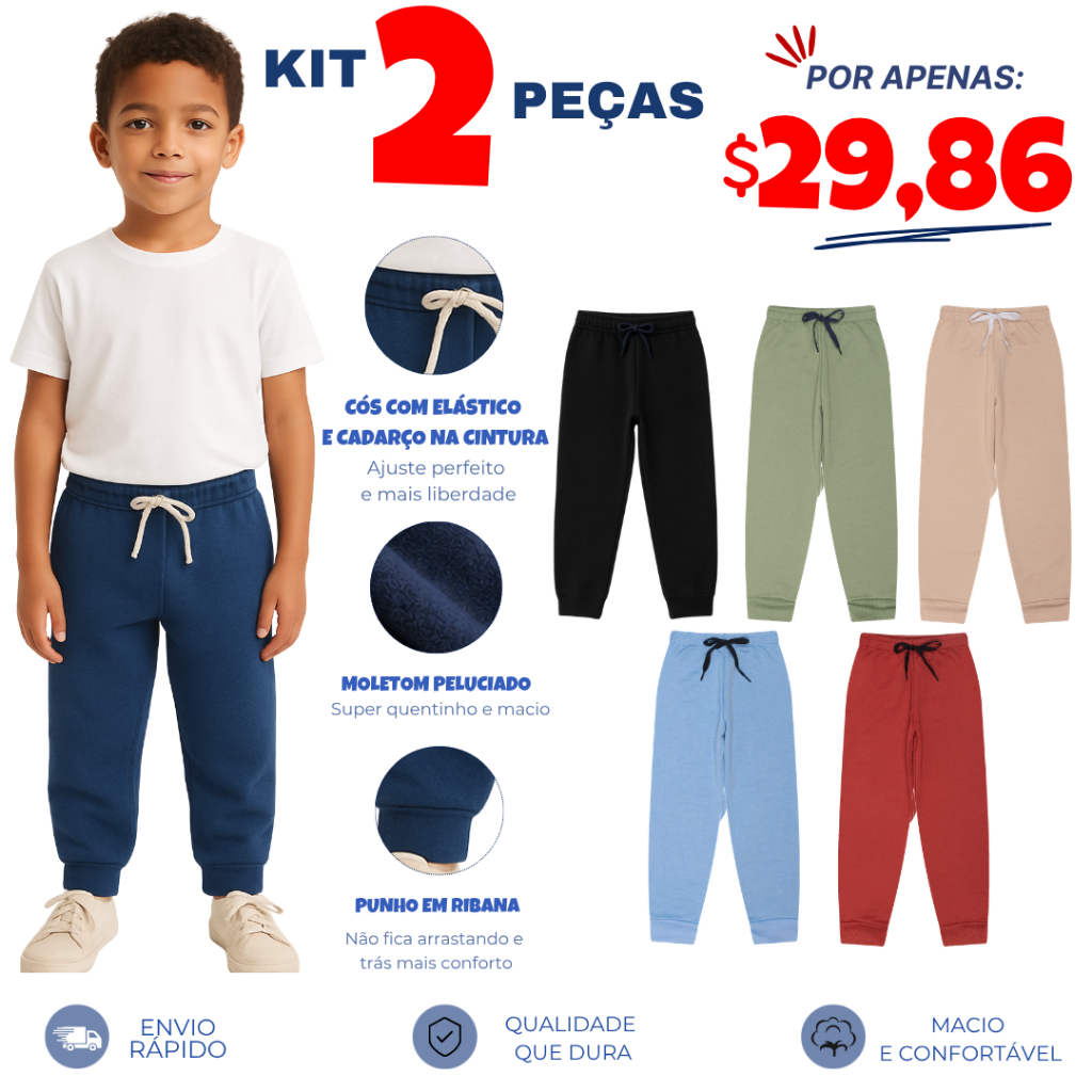 Kit 2 Calças de Moletom Peluciado Infantil Menino Inverno 2 ao 10 anos