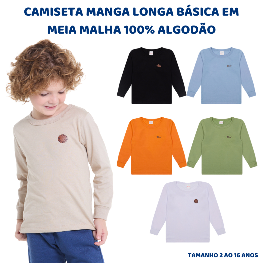 Kit 2 Camiseta Manga Comprida em Meia Malha Premium Juvenil e Infantil com Aplique 2 ao 16 anos