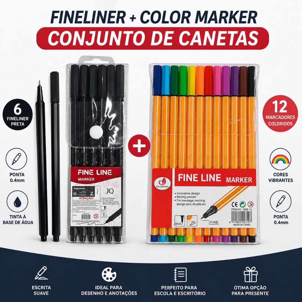 Kit Caneta Fineliner Completo 60 Cores (Coloridas + Pretas) Ponta 0.4mm Para Desenho e Anotações