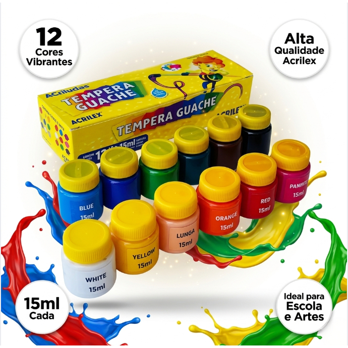 Tinta Guache Acrilex 12 Cores 15ml Tempera Infantil Escolar Não Tóxica Original Material Escolar