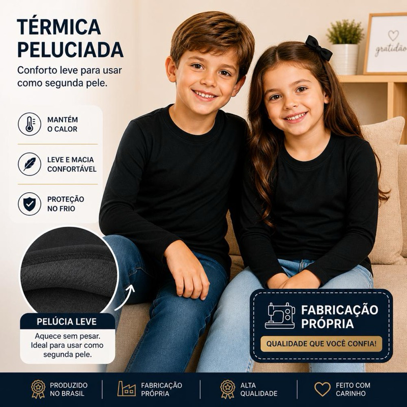 Kit de 1, 2 ou 3 Blusa Térmica Preta Peluciada Infantil Manga Longa Camisa Térmica Unissex Inverno