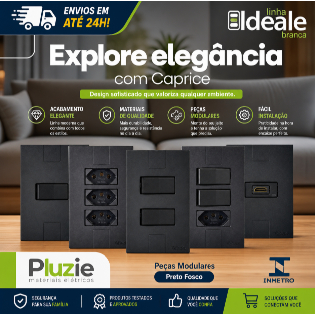 Tomada Interruptor Preto Fosco Linha Caprice Pluzie