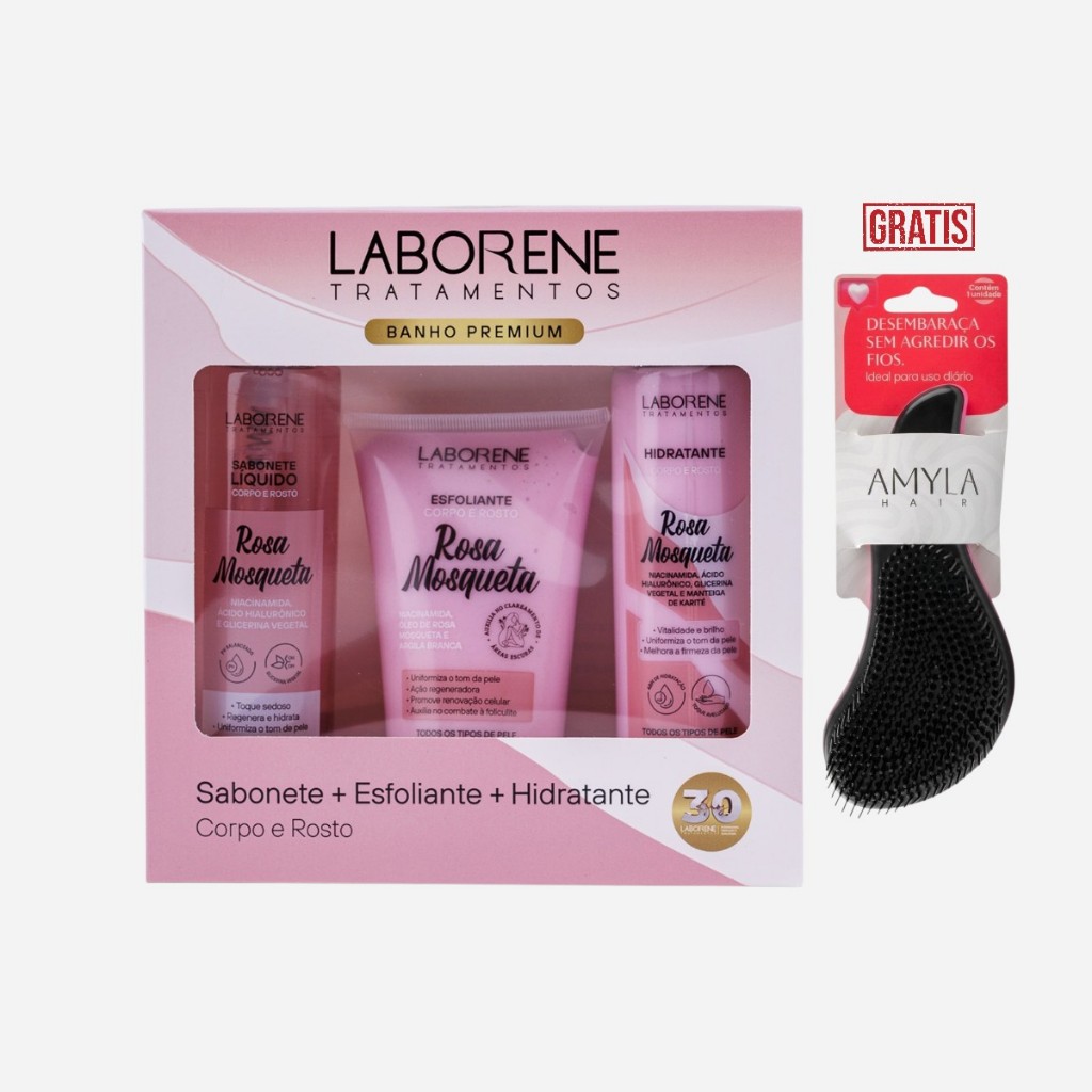 Kit Banho Premium Corpo e Rosto Sabonete 200ml, Esfoliante 170g e Hidratante 200ml + Escova Mágica