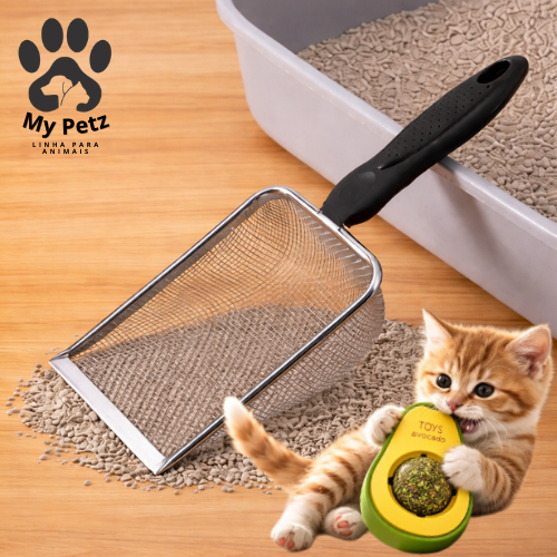 Pá de Areia Coletora Higiênica + Abacate de Brinquedo, Pet Gato Cachorro Aço Inox, Caixa de Areia.