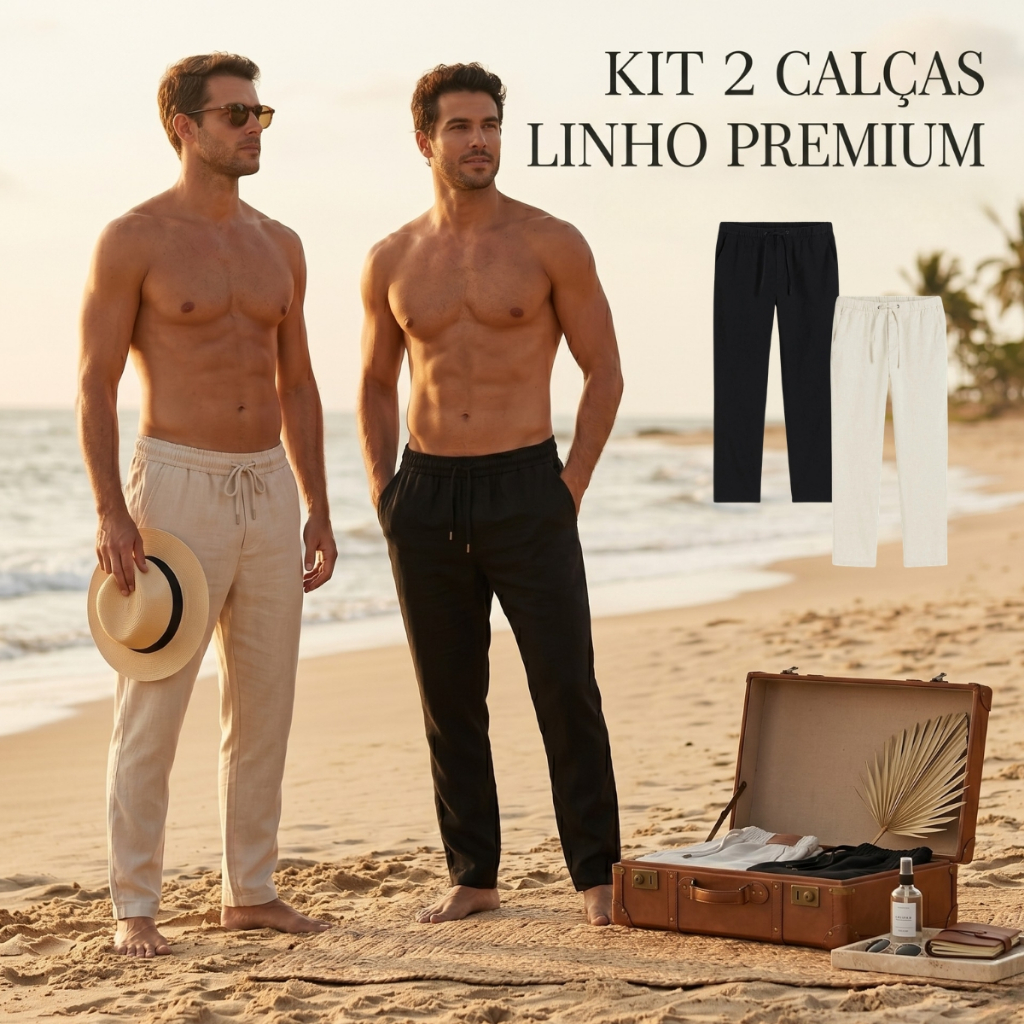 Kit 2 Calças Linho Masculina Praia Rústica Leve Bege Cordão Ajustável Premium Verão Premium Viagem
