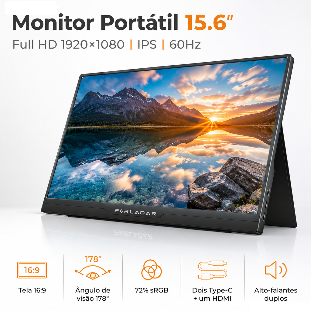 Monitor Portátil 15.6" 1920*1080P FHD IPS 60Hz Tela de Expansão USB-C/HDMI para Notebook/PC/Switch/PS4/Jogos/Celular