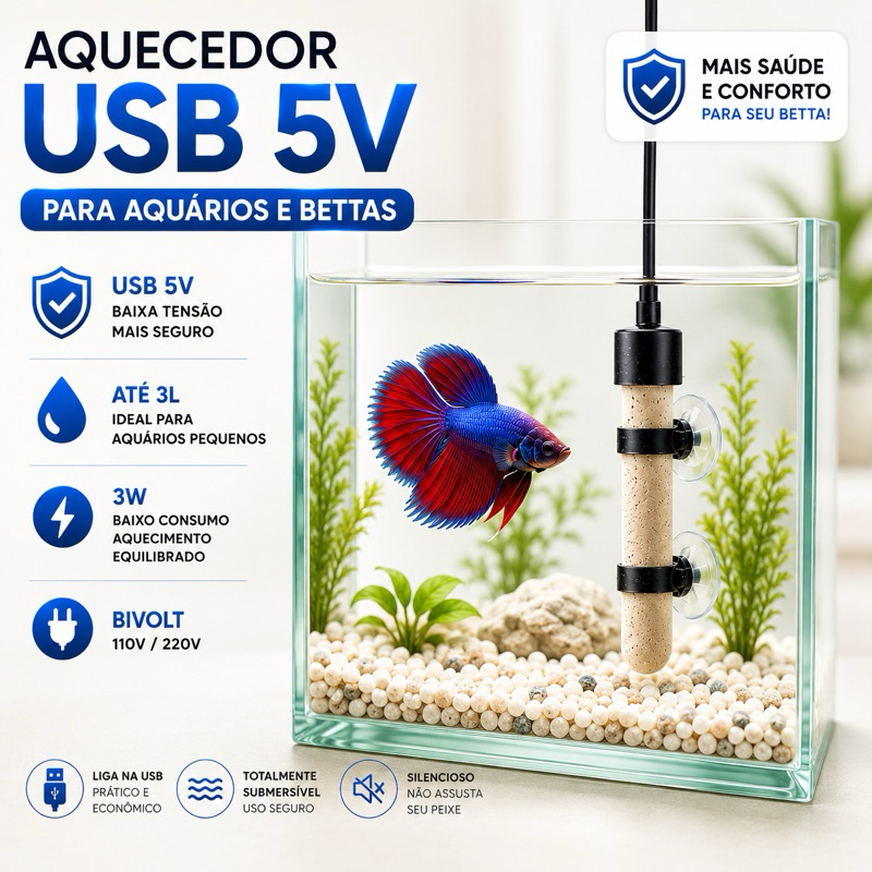 Aquecedor para Aquários de até 3 Litros - 3W - 110V/220V - Eletrônico 100% Seguro