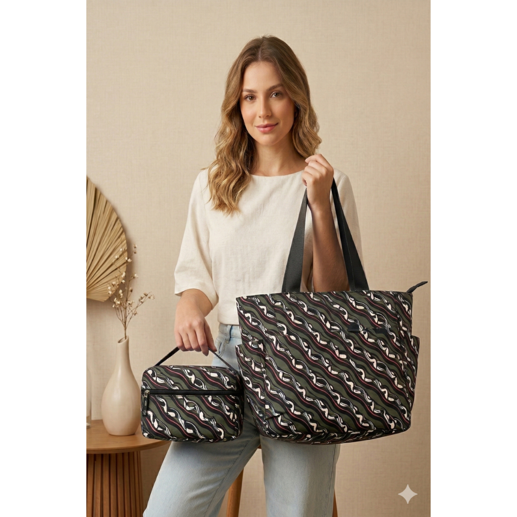 Kit Bolsa Feminina Sacola Tote Com Necessaire Porta Máquiagem Estampada Verão Espaçosa Envio Rápido