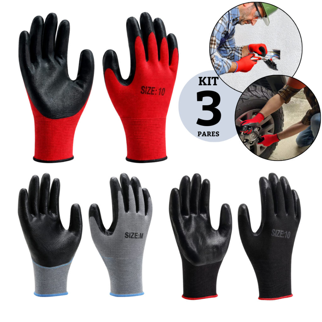 Kit 3 Pares Luva Borracha Nylon Segurança Proteção Emborrachada Antiderrapante Mecânico Serviço Profissional EPI