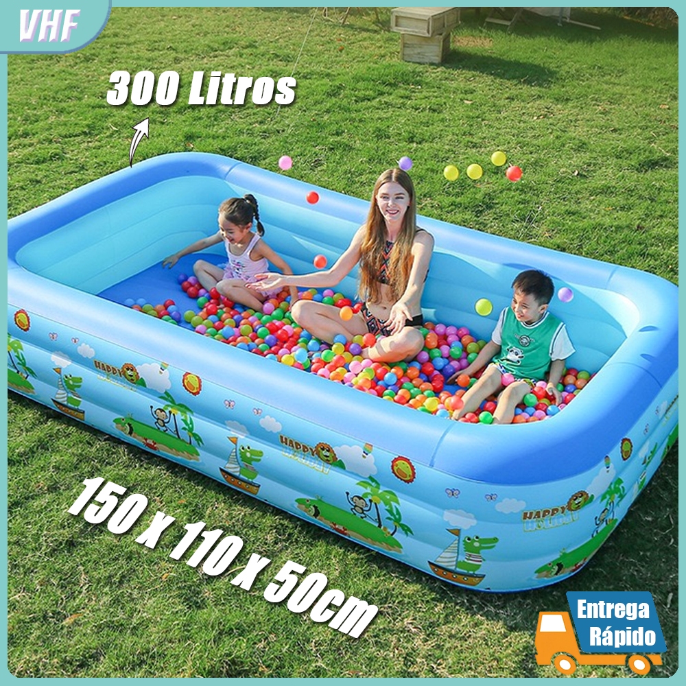 Piscina Inflável Retangular Infantil 3 Anéis Grande 300L - Diversão no Verão