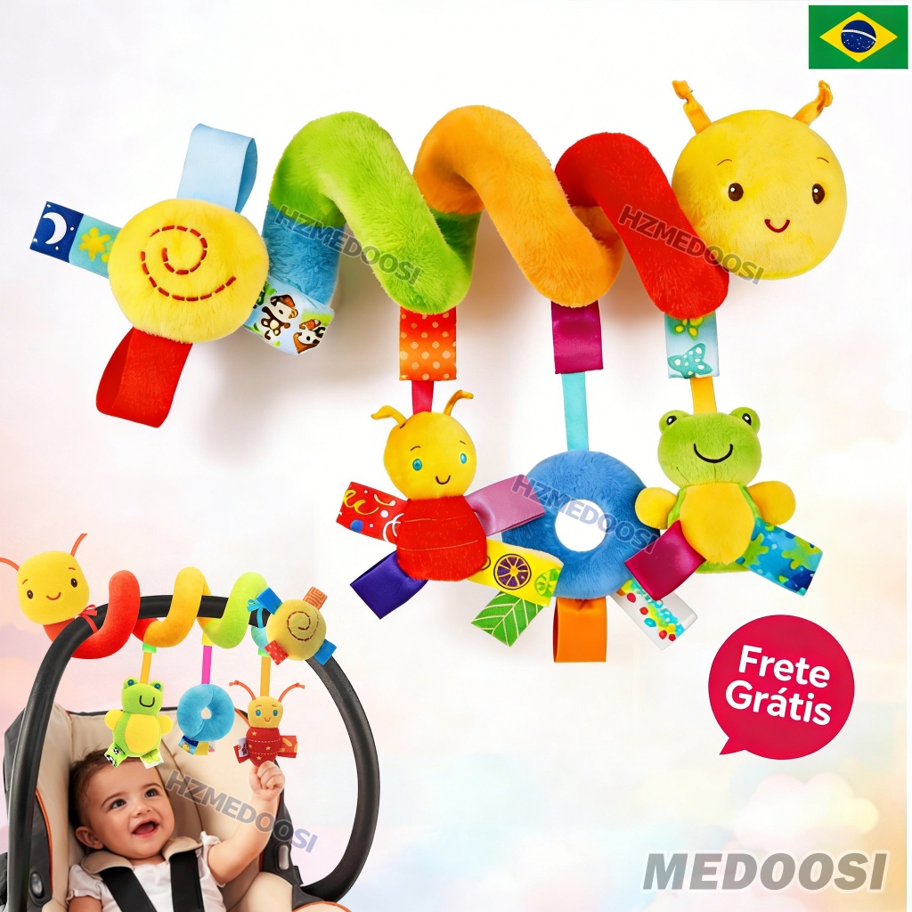 Móbile Espiral Bebê Recém-Nascido com INMETRO | Móbile Centopeia Sensorial de Berço e Carrinho | Brinquedo de Chocalho