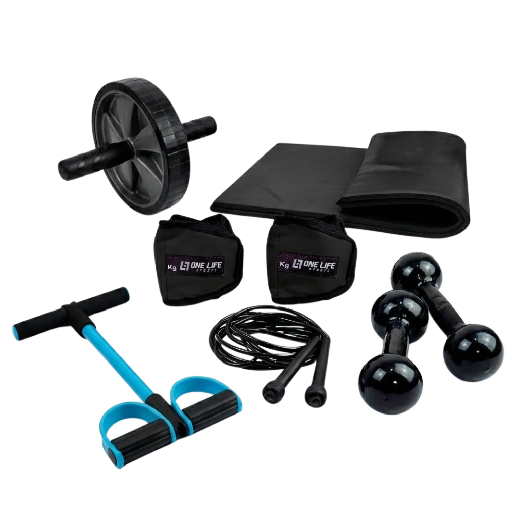 Kit Musculação Casa – One Life Sports® – Colchonete Caneleira 3kg Halter 1kg Roda Extensor Corda