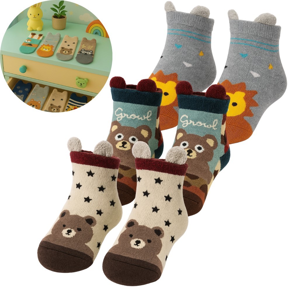 Kit 12 - 6 ou 3 Pares Meias para Bebes menino masculino infantil com estampa de bichinho orelhinha  sola antiderrapante