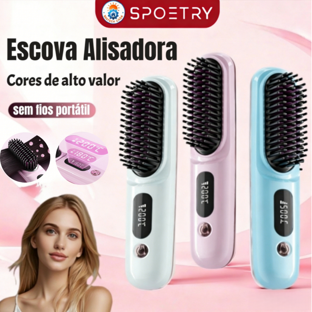Escova Alisadora de Cabelo Pente Quente Profissional Cerâmica Sem Fio Anti-Queimadura Recarregável USB